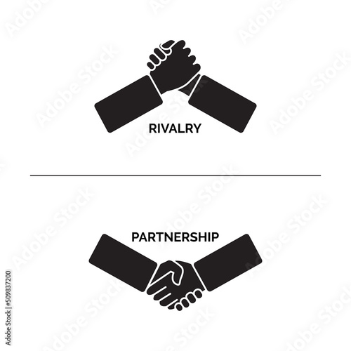 Handshake and arm wrestling icons symbolizing competition and cooperation. Vector