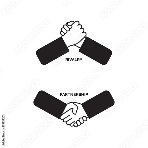 Handshake and arm wrestling icons symbolizing competition and cooperation. Vector