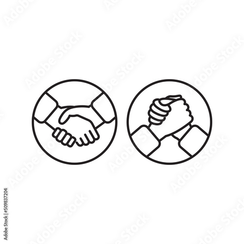 Handshake and arm wrestling icons symbolizing competition and cooperation. Vector