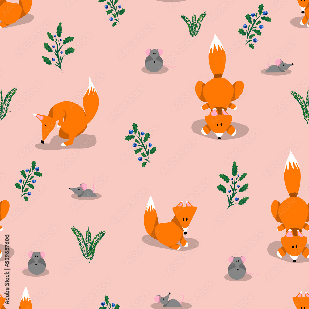 Cute naive pattern with foxes and mice. Great print for kids clothes, books and items. Foxes on a pink background with small mice and plants. Cute naive pattern with foxes and mice. Great print for kids clothes, books and items. Foxes on a pink background with small mice and plants.