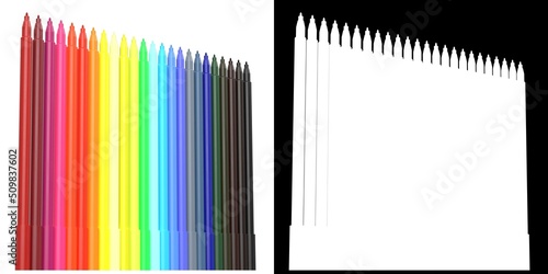 3D rendering illustration of a set of coloured marker pens