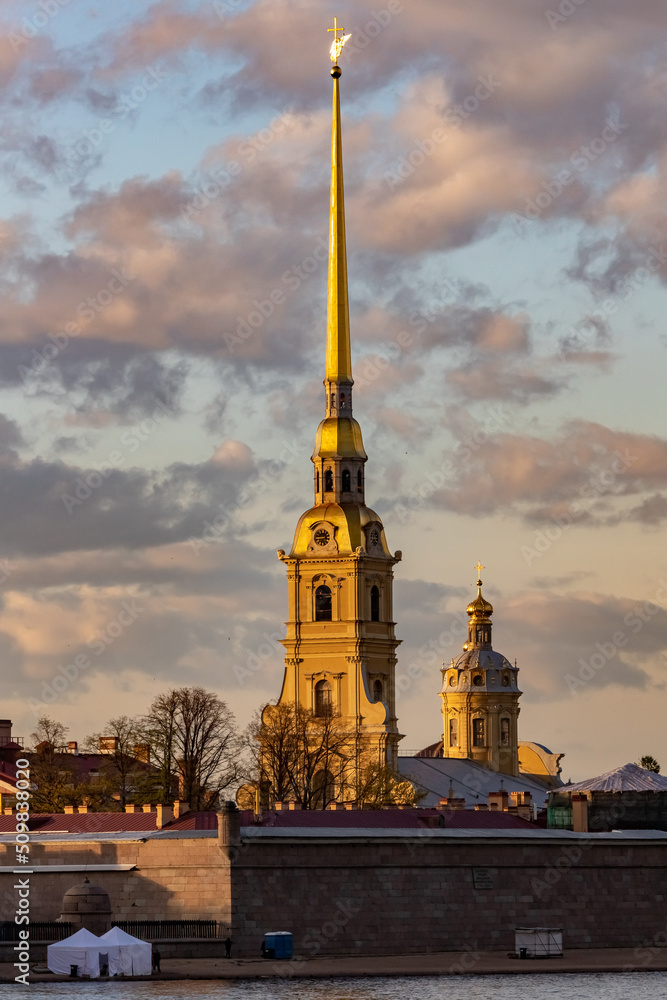 Peter and Paul Fortress in St. Petersburg at sunset.