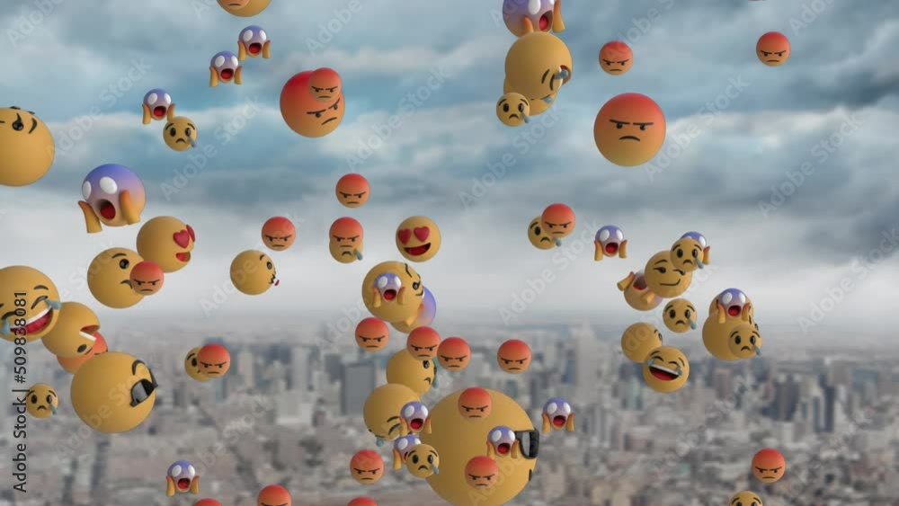 Animation of emoji icons over cityscape Animation of emoji icons over cityscape