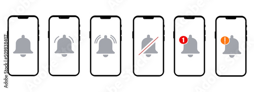 Set of Notification Bells and Silent Mode Concept Line and Silhouette Icon. Ringing Doorbells for Mobile Phone App. Notice Symbol on Smartphone. Bell with Red Button. Isolated Vector Illustration.
