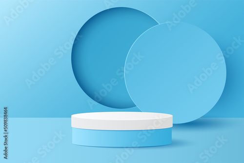 Paper cut of minimal scene with blue cylinder podium on blue background. Product presentation, mock up, show cosmetic. Vector illustration