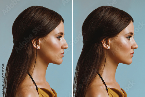 Φωτογραφία Young girl with smooth shiny skin in profile on a blue background, close-up