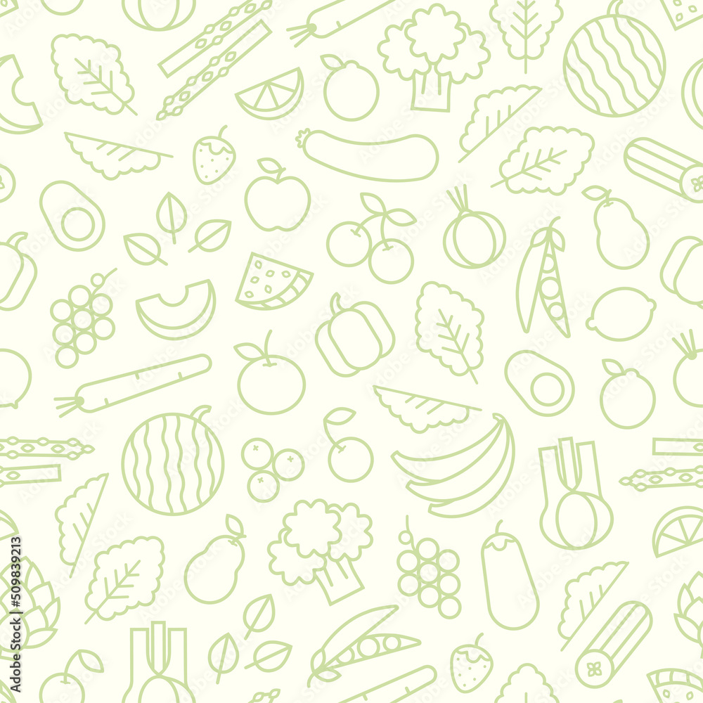 Seamless pattern of vegetables, fruits and berries in outline style, vector illustration