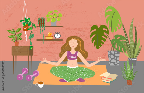 Girl do yoga at home with plants. Houseplants vector illustrations. Urban jungls. Plants are friends.