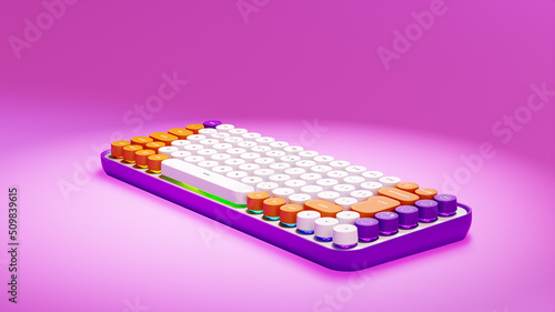 Gaming keyboard with RGB light. Rainbow keyboard with round keys  on a pink background. 3D render. Equipment for gamers