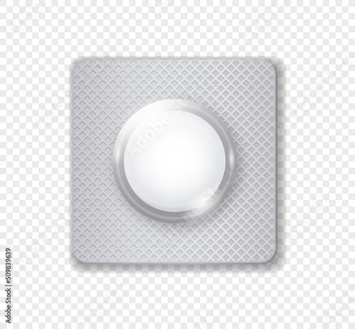 Realistic pill. Round white tablet, cure for colds and for prevention of diseases. Health care and pharmaceuticals, pharmacy products. Isometric vector illustration isolated on copy space background