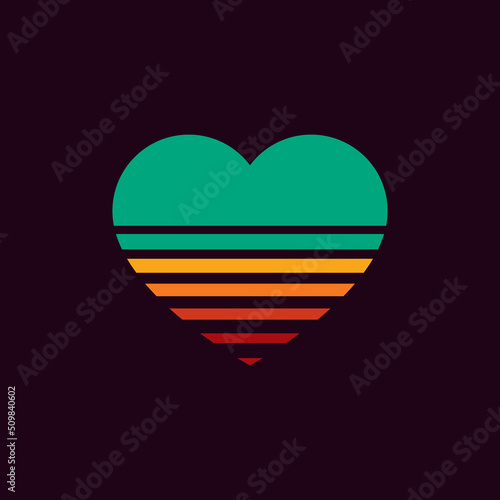 Vintage sunset in the shape of a heart, in the style of the 80s. Vector background. A design element.