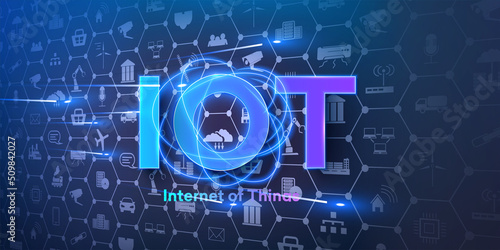IOT concept of connecting devices all over the world, by wireless path, modern data transmission technology. Modern banner, poster, IOT brochure. Web, a network connecting devices on the Internet.