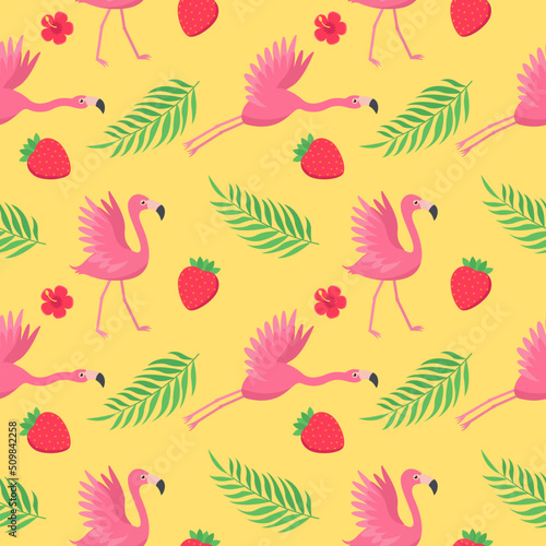 Pink flamingos bird pattern with tropical leaves and strawberries