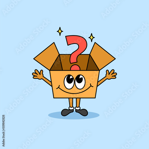 Mystery paper box with question mark inside character mascot. old school retro cartoon style vector illustration photo
