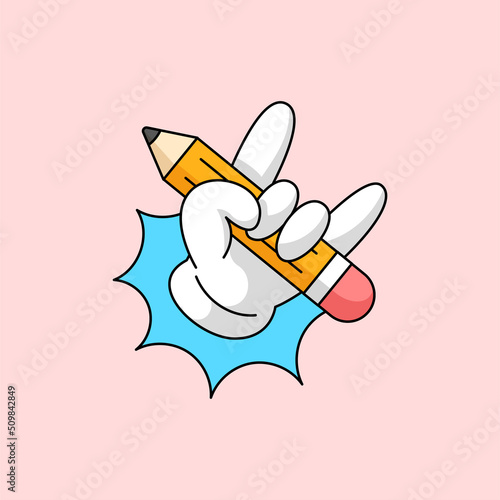 Metal rocker horn hand gesture holding pencil for creative person emblem logo. Old school retro cartoon style vector illustration