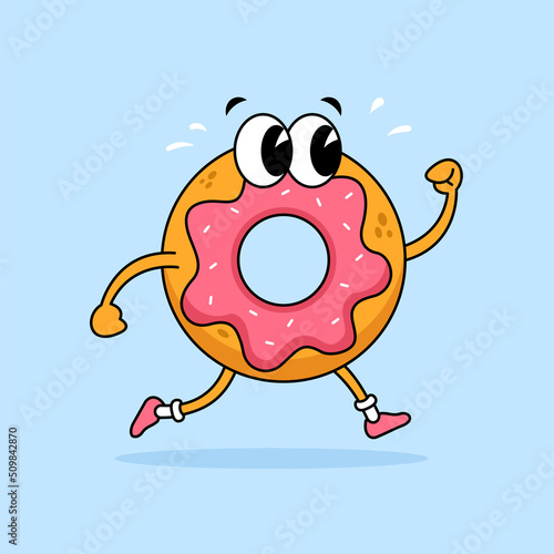 Cute running donuts with eyes character mascot for bakery with old school retro style cartoon vector illustration design