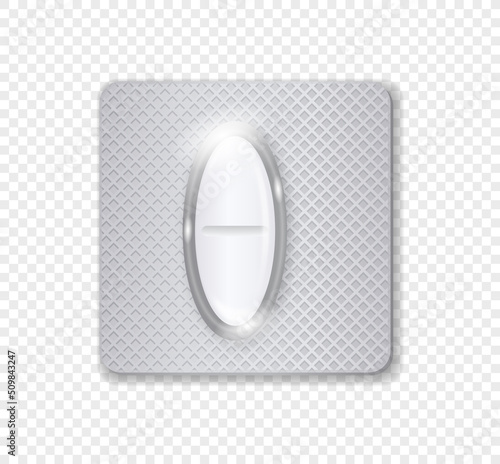 Realistic pill. White oval shaped tablet for treatment of diseases. Diagnosis, pharmaceutics and pharmacy, online shopping concept. Isometric vector illustration isolated on copy space background