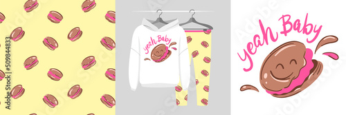 Seamless pattern and illustration set with macaroon, Yeah baby text. Cute design pajamas on a hanger. Baby background for apparel, room decor, tee prints, baby shower, fabric design, wrapping