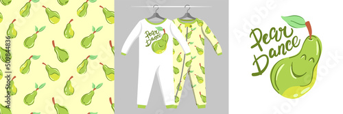 Seamless pattern and illustration set with pears, Pear dance text. Cute design pajamas on a hanger. Baby background for apparel, room decor, tee prints, baby shower, fabric design, wrapping