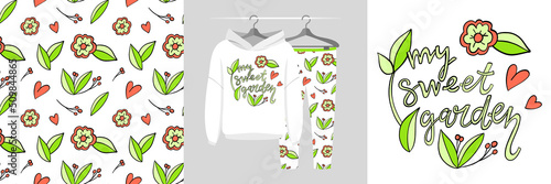 Seamless pattern and illustration set with leaves, My sweet garden lettering. Cute design pajamas on a hanger. Baby background for apparel, room decor, tee prints, baby shower, fabric design, wrapping