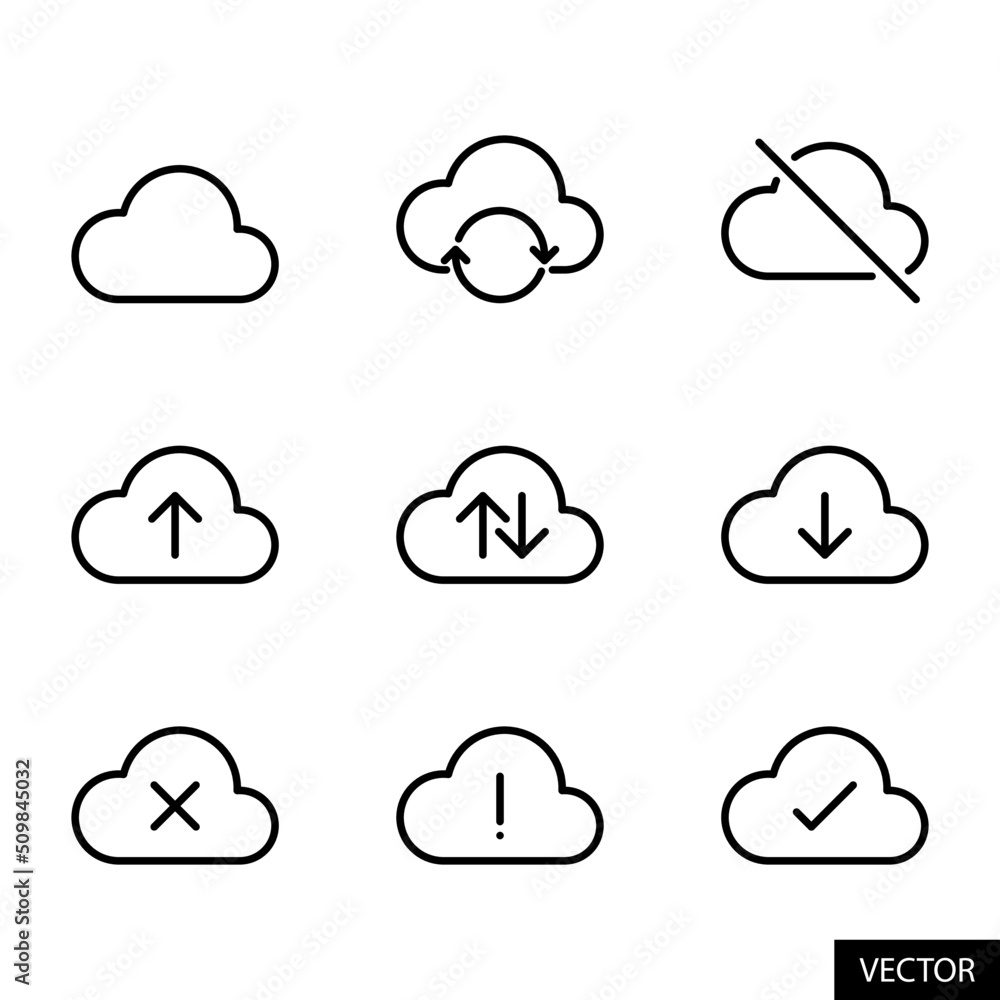 Set of cloud sync, online storage, online backup concept vector icons in line style design for website design, app, UI, isolated on white background. Editable stroke. Vector illustration. Set of cloud sync, online storage, online backup concept vector icons in line style design for website design, app, UI, isolated on white background. Editable stroke. Vector illustration.