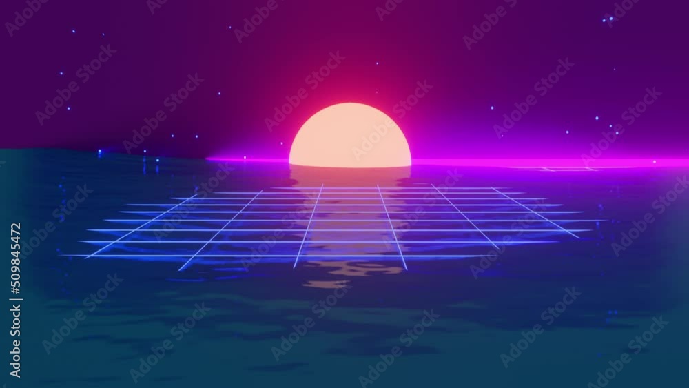 Retro futuristic sunset with a moving ocean from which a glowing grid emerges. You can also see glowing particles on the horizon. Retro futuristic sunset with a moving ocean from which a glowing grid emerges. You can also see glowing particles on the horizon.