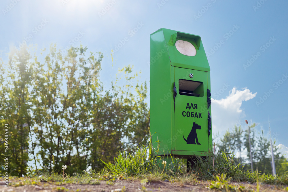 View of a green dog poop container against a blue sky through the eyes of a small dog. Dog shit bin. Responsible pet ownership and environmental protection. Translation: for dogs View of a green dog poop container against a blue sky through the eyes of a small dog. Dog shit bin. Responsible pet ownership and environmental protection. Translation: for dogs