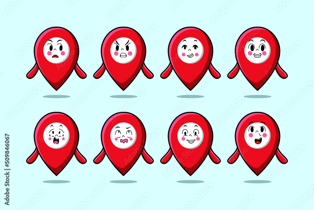 Set kawaii pin location cartoon character with different expressions of cartoon face vector illustrations Set kawaii pin location cartoon character with different expressions of cartoon face vector illustrations