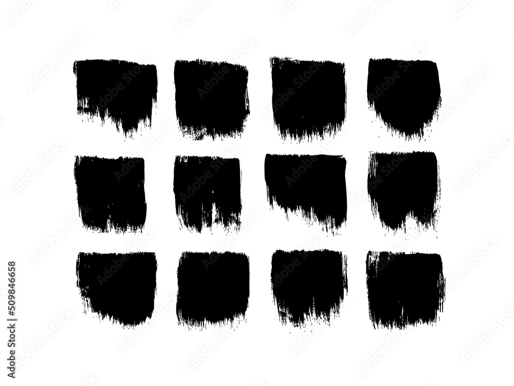 Set of vector square backgrounds for text. Grunge monochrome square banners. Black paint brush strokes. Hand drawn grunge templates or banners isolated on white. Rough edges elements