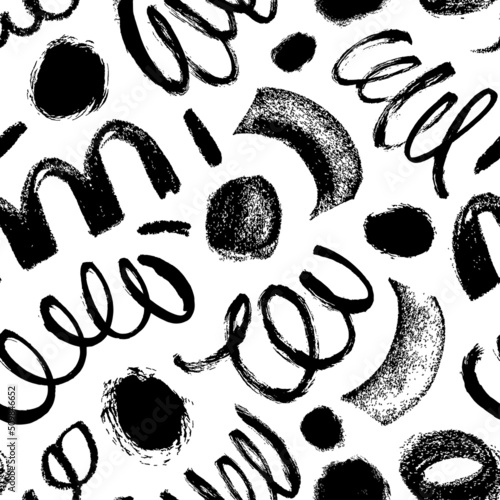 Grunge curved lines doodle seamless pattern. Children style background. Simple childish scribble backdrop. Pencil and paint texture, charcoal lines. Hand drawn abstract pattern with random dots.