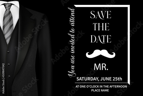 An invitation to an event in a Black Tie. Elegant black and white postcard. Vector illustration with the inscription places and times