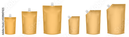 Set of  gold doypack packaging with screw cap. Blank foil drink bags pouches with spout. Ketchup, mayonnaise or mustard. Stand up doy pack mock up set. Cosmetic refill