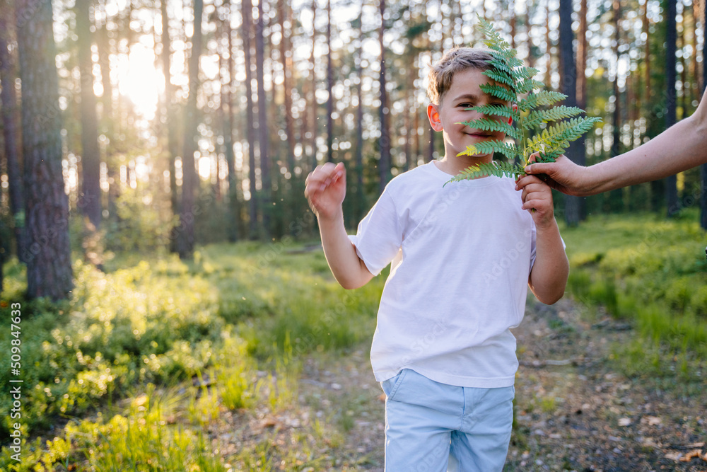 Summer vacation for inquisitive kids in forest. Portrait of two happy boy hiding faces with fern having fun in nature. Summer vacation for inquisitive kids in forest. Portrait of two happy boy hiding faces with fern having fun in nature.