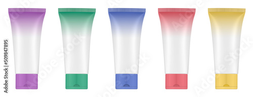 Set of multicolored gradient tubes. 3d mockup. Rainbow palette. Purple, blue, green, yellow and red colors. Hand cream, mask or lotion. Professional shampoo. Plastic bottle.