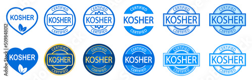 Set of Kosher food products labels, badges or logos. Sticker design. Stamp