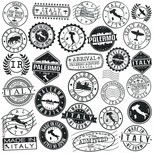 Palermo Italy Set of Stamp. Vector Art Postal Passport Travel Design. Travel and Business Seals.