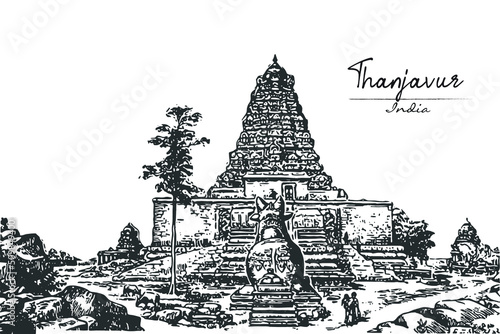 Temple of Tanjore is by far the grandest Chola temple in India vector illustration hand drawing South India