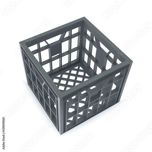 3d Grey Plastic Crate Template. Photo Realistic Vector Rendering Isolated On White Background. Perspective View