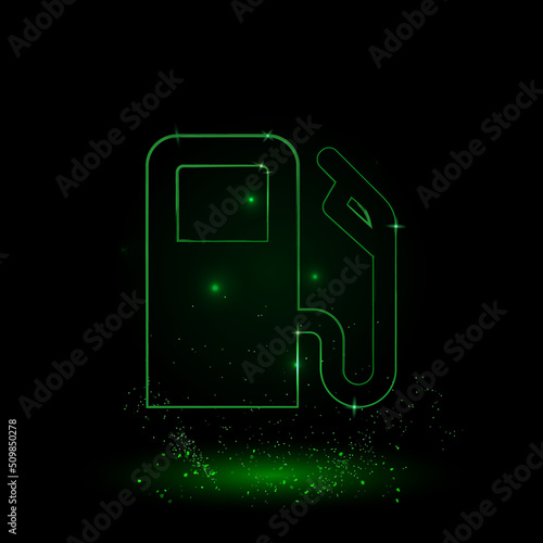 A large green outline gas station symbol on the center. Green Neon style. Neon color with shiny stars. Vector illustration on black background