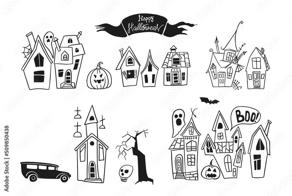 Halloween houses. Gloomy street - silhouette drawings. Hand drawn sketch.