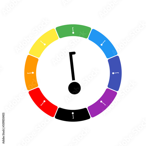 A large black gyroscooter in the center, surrounded by eight white symbols on a colored background. Background of seven rainbow colors and black. Vector illustration on white background