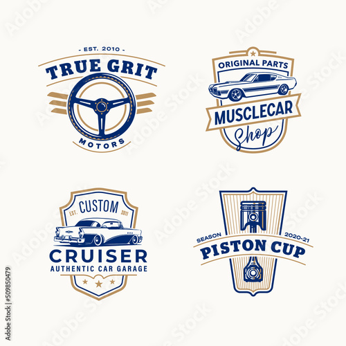 Set of logo templates. Vintage style vector illustration element for retro design label. Suitable for garage, shops, tires, car wash, car restoration, repair and racing.
