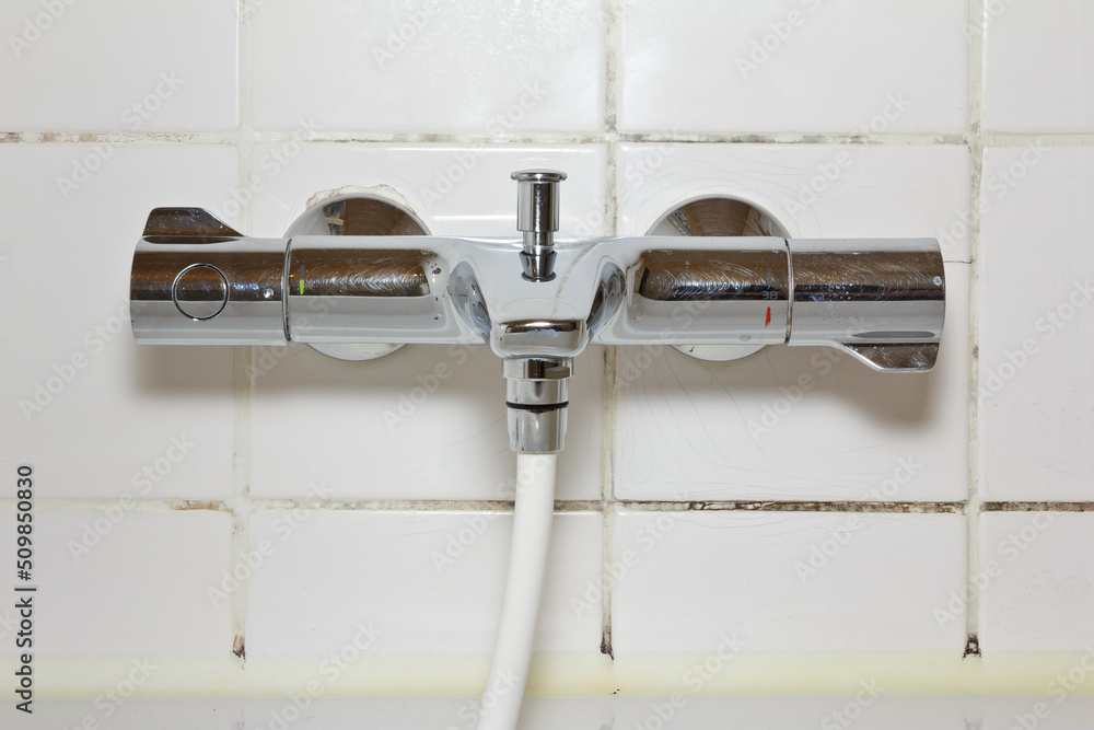 Rental damage concept shower armature above bath tub with black mold