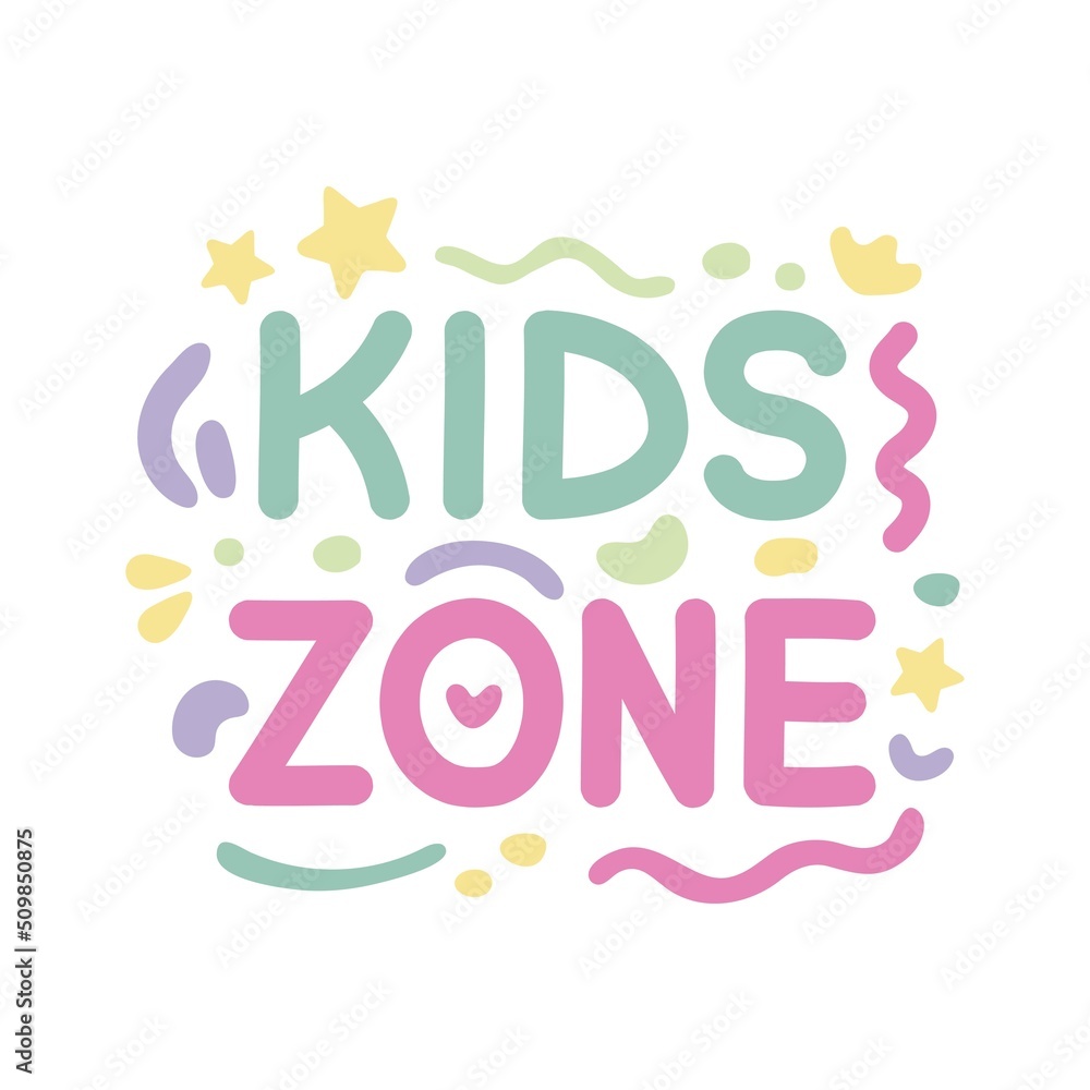 Kids zone banner. Cute logo for children's playroom. Big colorful letters design, baby sticker vector illustration