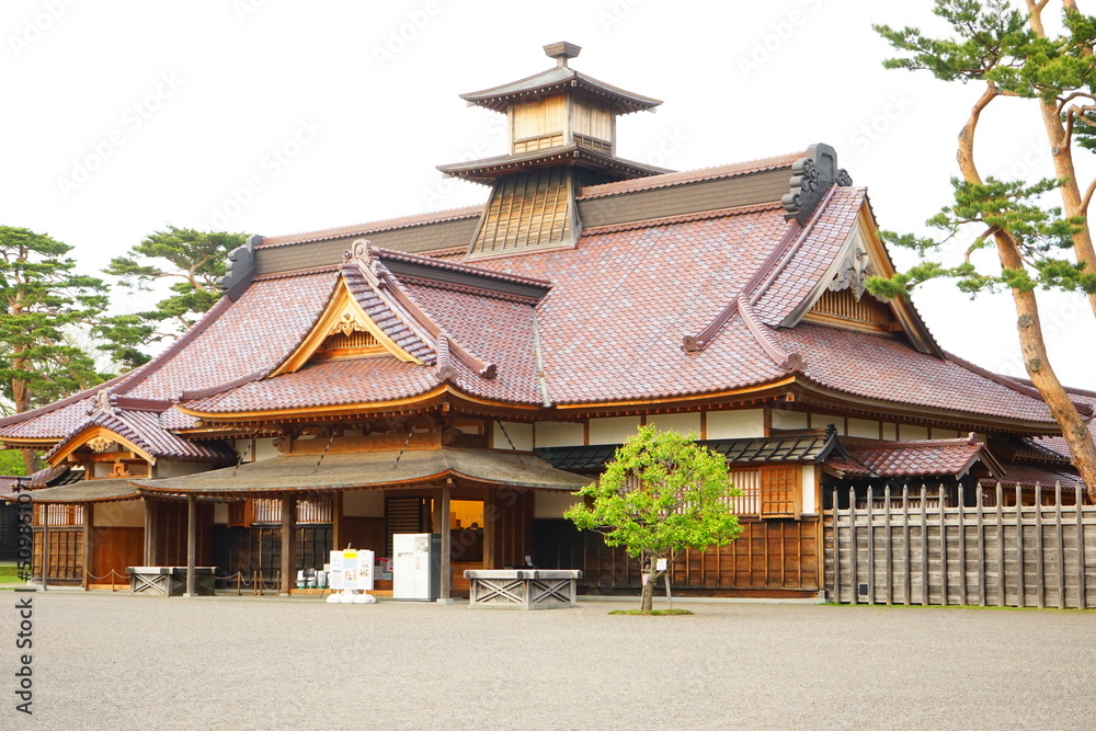 Historical Magistrate's Office at Hakodate Goryokaku fort surrounded by canal from Goryokaku Tower in Hokkaido, Japan - 日本 北海道 函館市 五稜郭 箱館奉行所 Historical Magistrate's Office at Hakodate Goryokaku fort surrounded by canal from Goryokaku Tower in Hokkaido, Japan - 日本 北海道 函館市 五稜郭 箱館奉行所