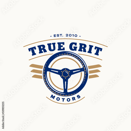 Car steering wheel logo template vintage style vector illustration element for badge or label retro design. Steering wheel silhouette. Oldtimer Car service logo
