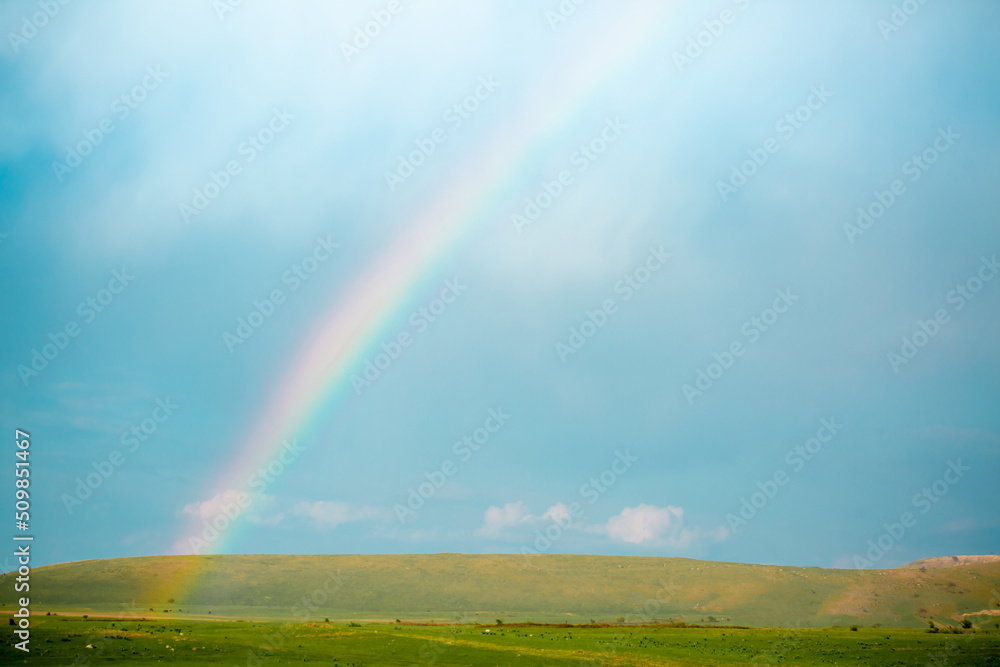 Bright rainbow over green field. Spring freshness. Summer or spring landscape with vibrant colors.