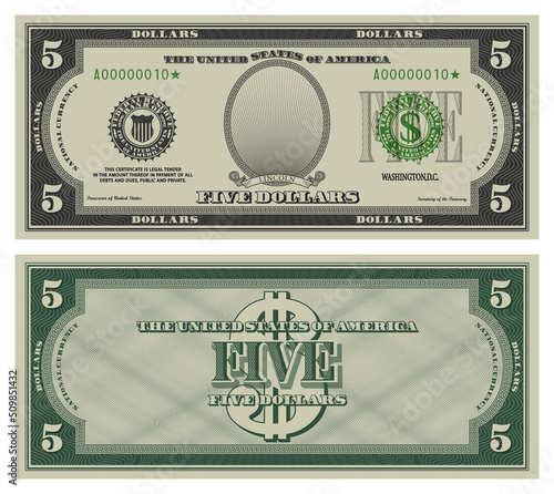 Five dollars banknote. Gray obverse and green reverse fictional US paper money in style of vintage american cash. Frame with guilloche mesh and bank seals. Lincoln