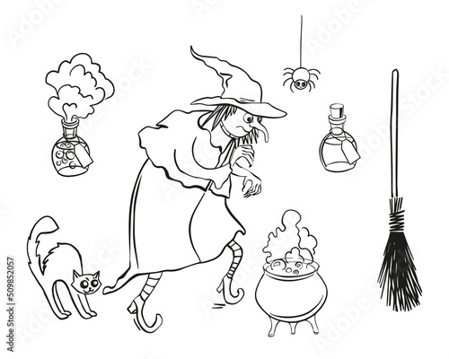 Witch and her stuff. Halloween set of elements. Bottled potion, cauldron, cat, broom.