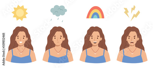 Woman character expressing various emotions and feelings - happy, sad, excited, angry. Vector flat illustration